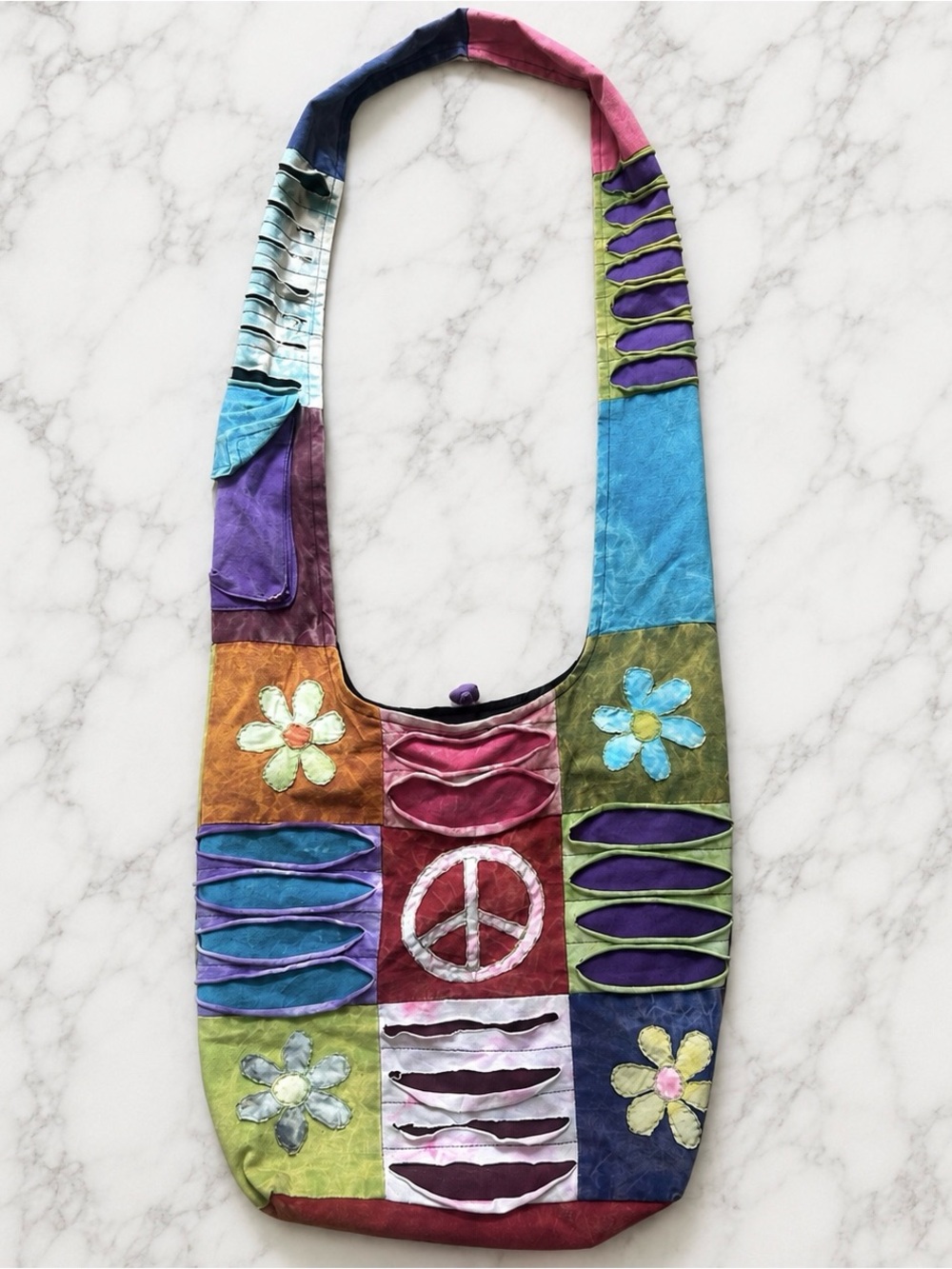 Bohemian Patchwork Peace Sign Crossbody Bag - Multicolor